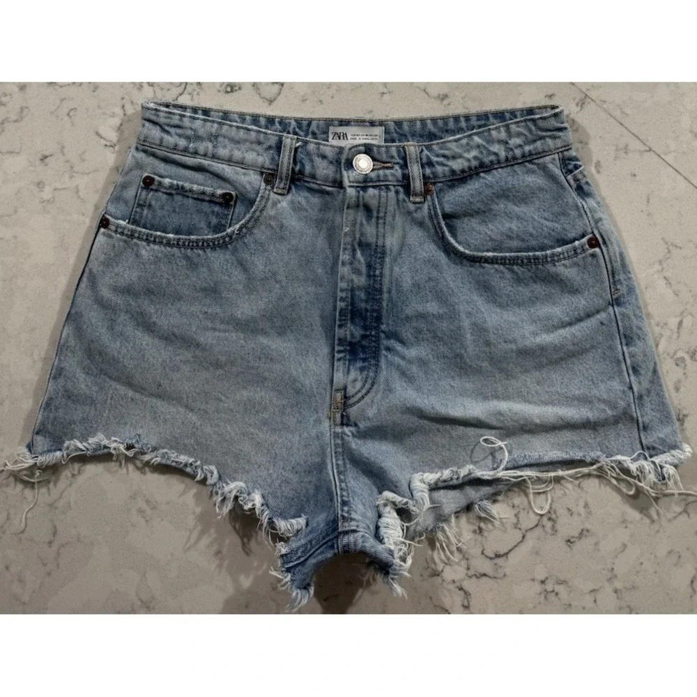 Zara Denim Shorts Womens 10 Blue Light Wash Button Fly Raw Hem Distressed Cutoff